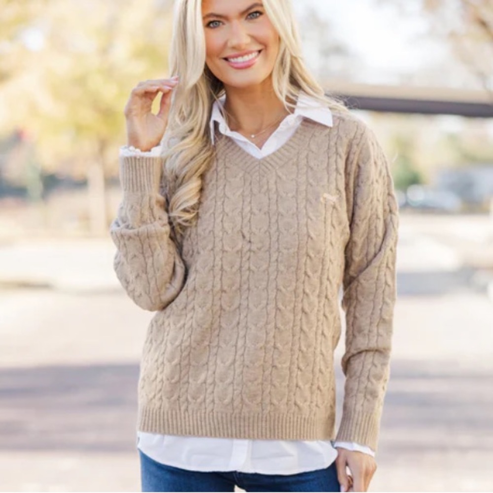 Shop the Mint NWOT Taupe‎ VNeck Cable Knit Sweater Medium with Dachshund Accent
